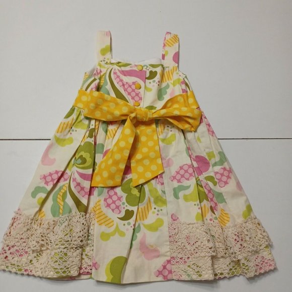 Peaches 'N Cream Girls 5 Dress BYellow Floral Lace Button Bow Tie 100% Cotton - Picture 2 of 12